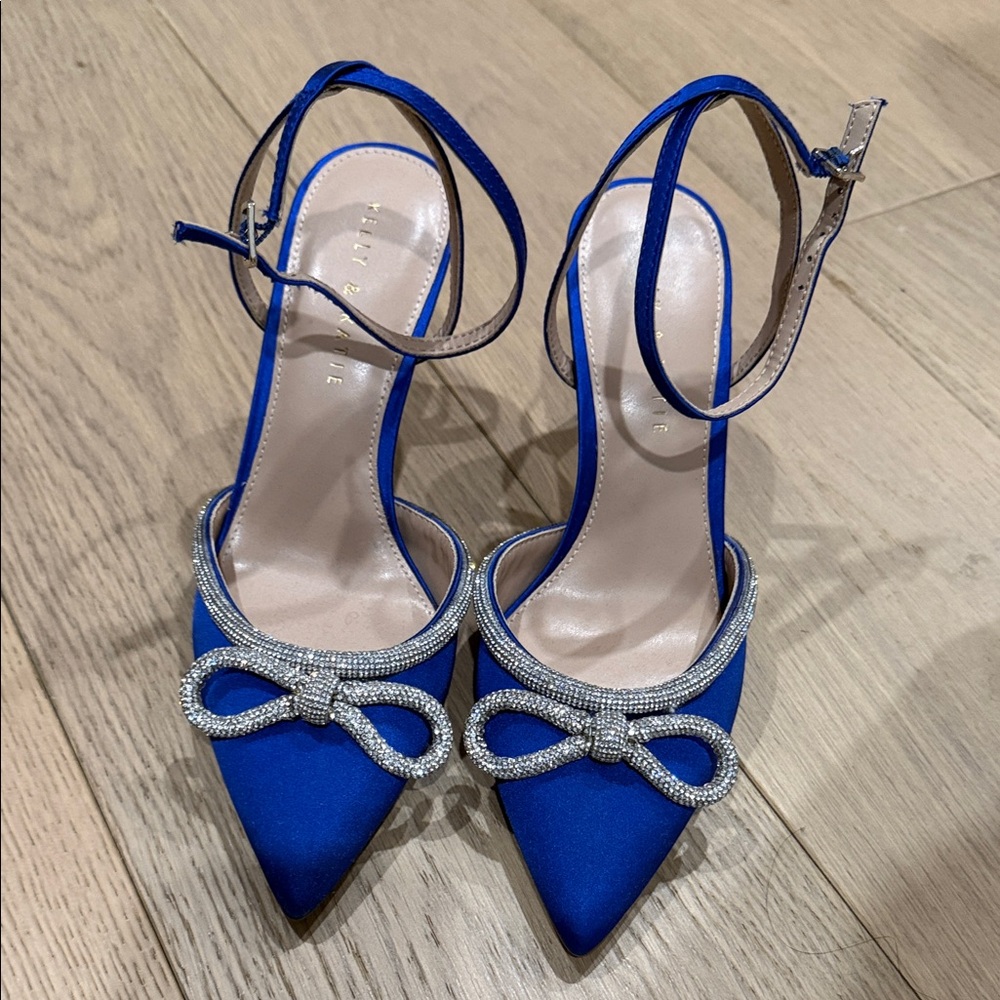 Royal Blue Pointed Toe Ankle Strap Heels with Crystal Bow